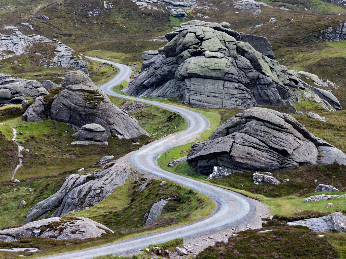 Winding single-track road cutting through ancient gneiss rock mounds in Assynt