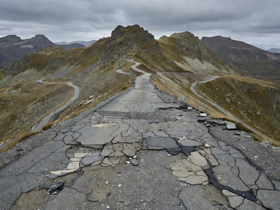 The steep southern descent of the Col du Galibier showing worn asphalt and lack of barrier protection
