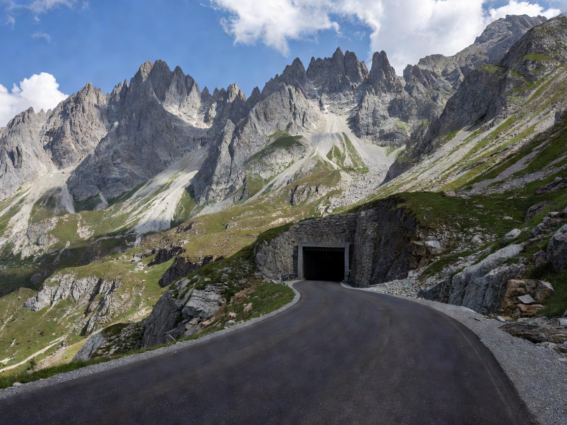 The wide sweeping asphalt approach to the Hochtor tunnel crossing beneath jagged alpine crests