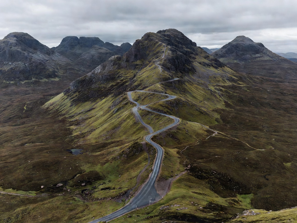 Single track road winding up the Bealach na Ba pass in the Scottish Highlands