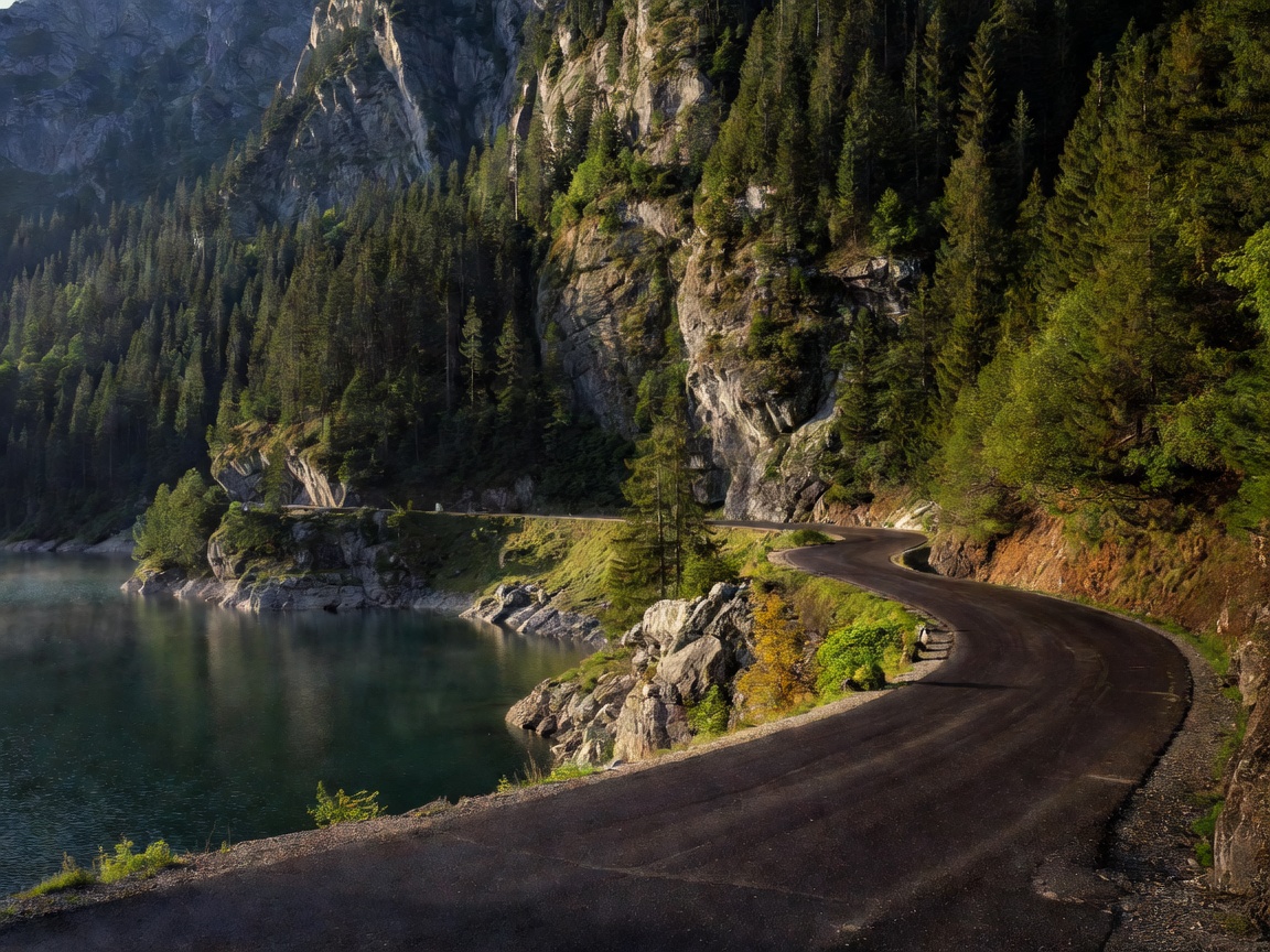 Twisting asphalt section following the edge of Lake Vidraru beneath forested rock cliffs