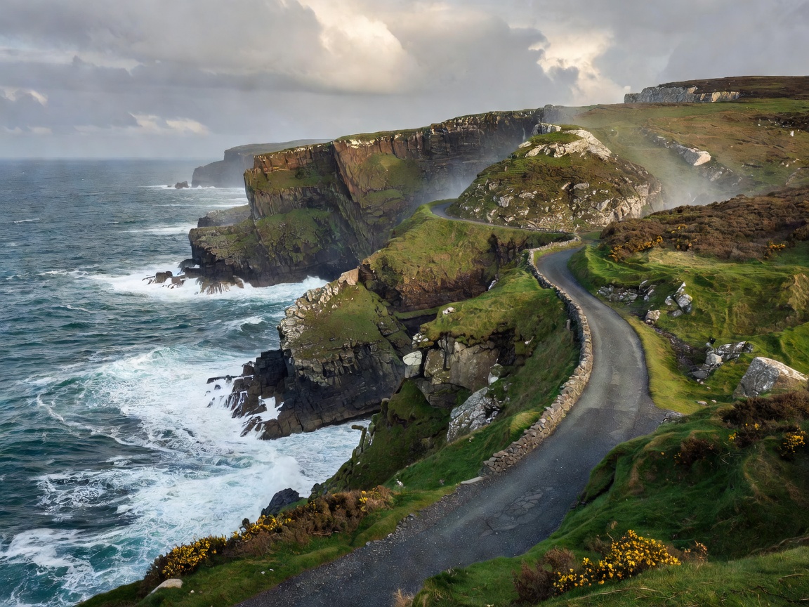 A coastal regional road tracing high sea cliffs in western Ireland